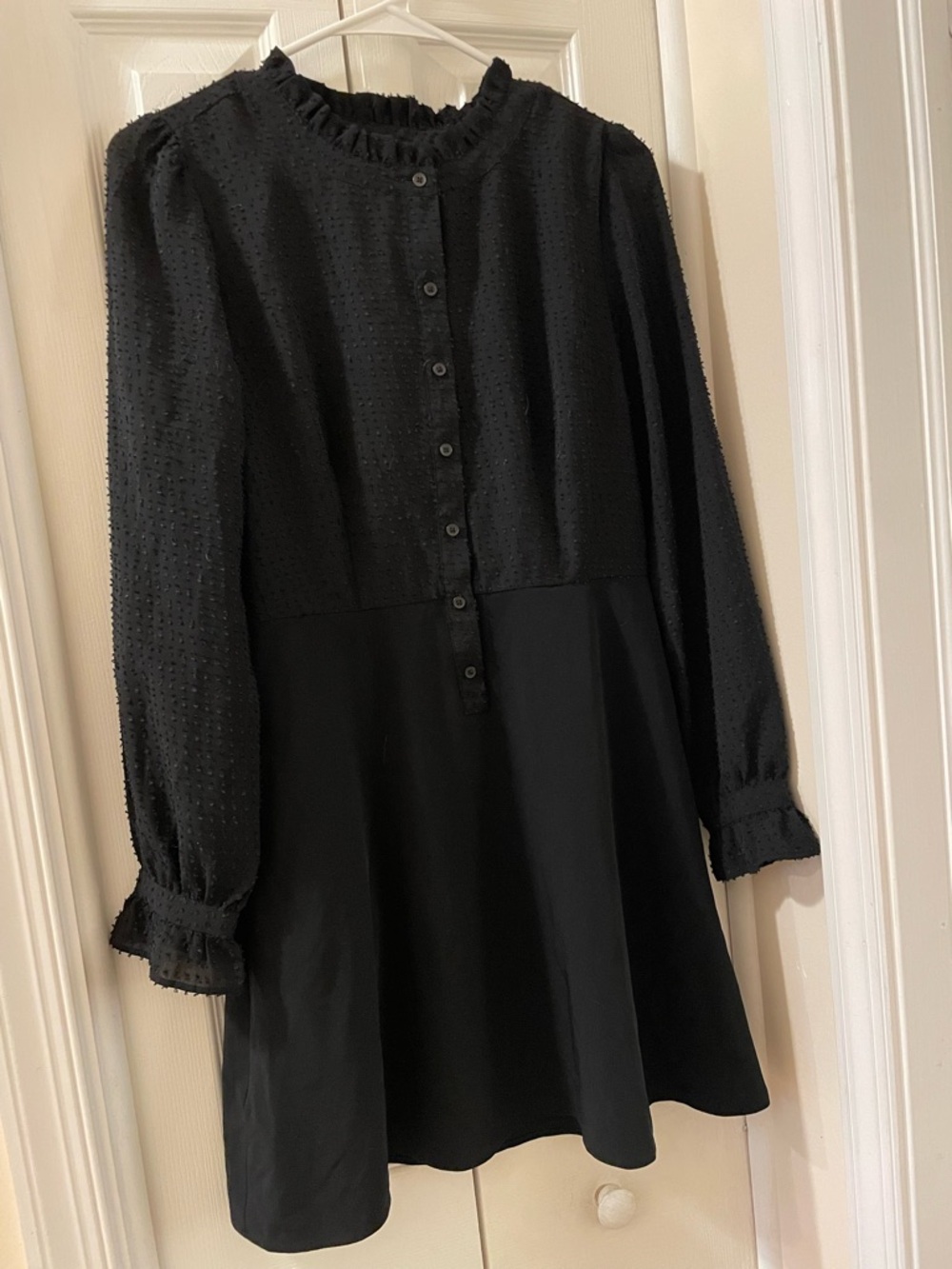 LOFT black textured long-sleeve partial button ruffle dress